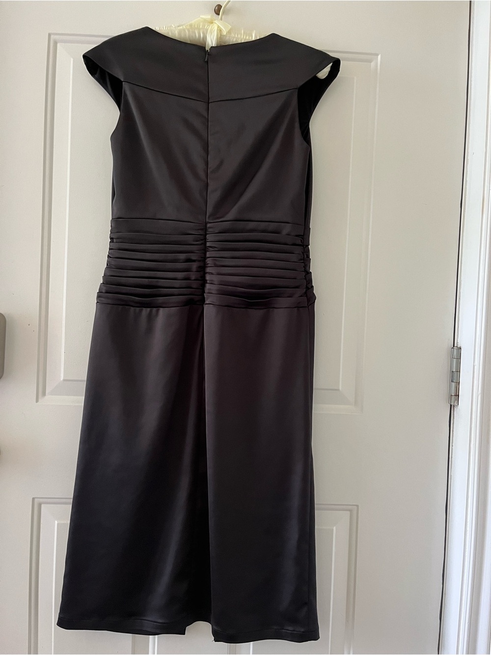 Tadashi Shoji Black Satin Midi Dress with Pleated Waist